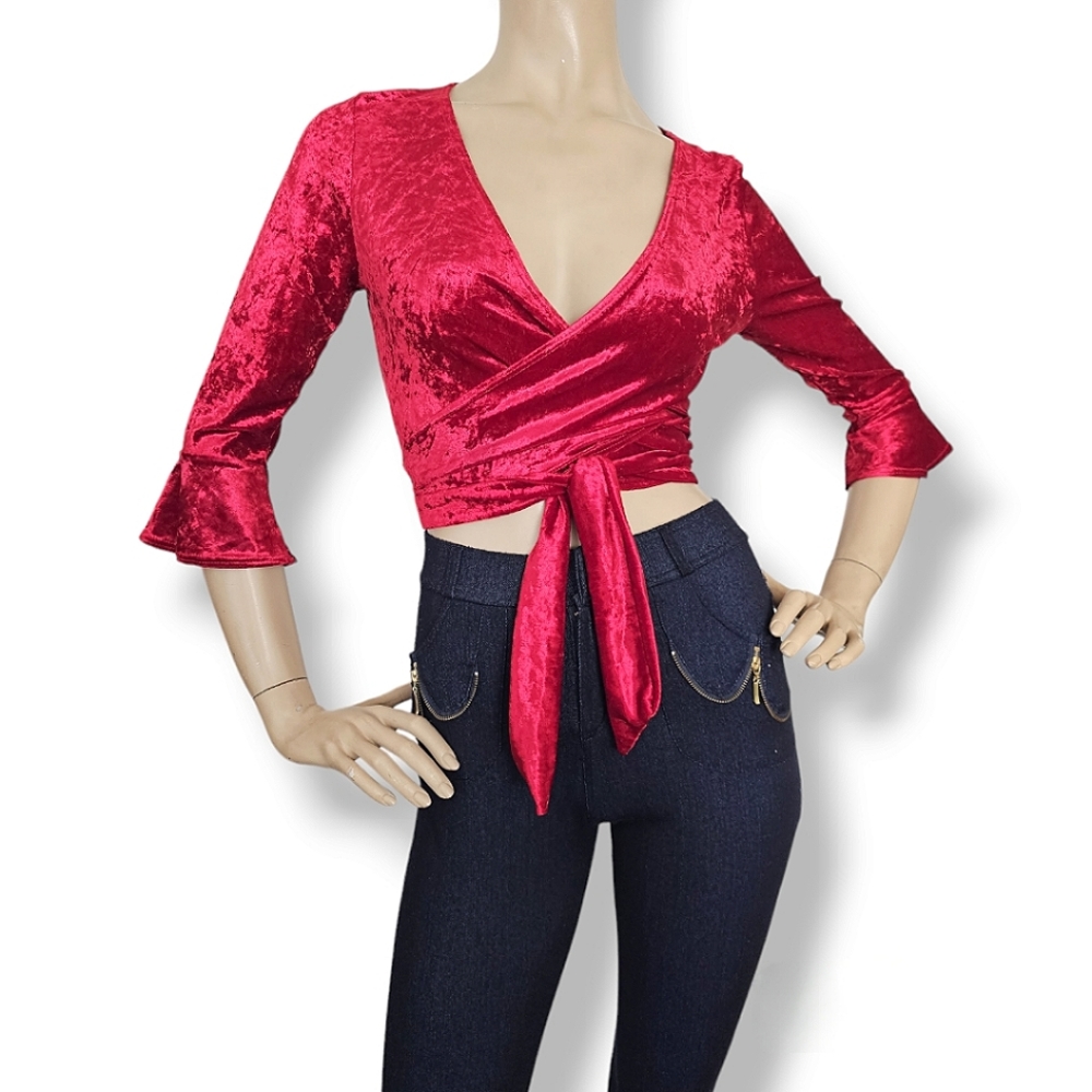 Coco Avante Red Crushed Velvet Wrap/Tie Front Crop Top